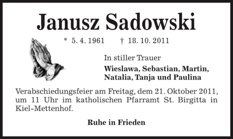  Traueranzeige für Janusz Sadowski vom 20.10.2011 aus Kieler Nachrichten / Segeberger Zeitung
