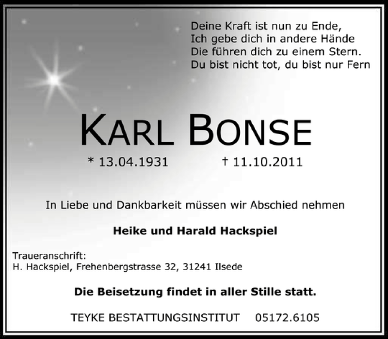  Traueranzeige für Karl Bonse vom 14.10.2011 aus Peiner Allgemeine Zeitung