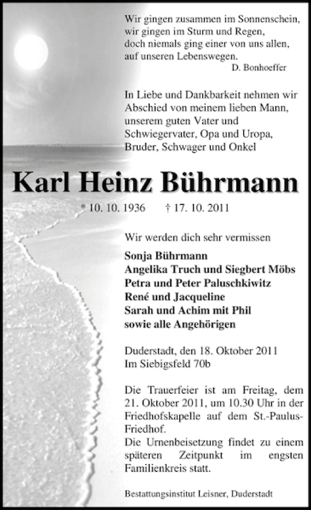  Traueranzeige für Karl Heinz Bührmann vom 18.10.2011 aus Eichsfelder Tageblatt