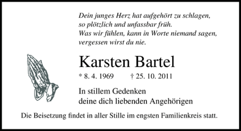  Traueranzeige für Karsten Bartel vom 29.10.2011 aus Ostsee-Zeitung