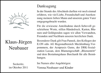 Traueranzeige von Klaus-Jürgen Neubauer von Ostsee-Zeitung