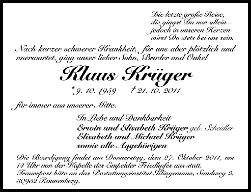  Traueranzeige für Klaus Krüger vom 25.10.2011 aus HAZ/NP