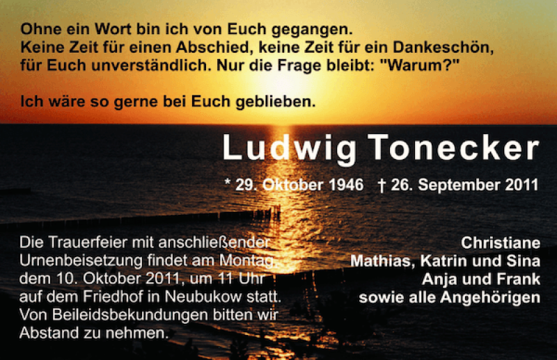  Traueranzeige für Ludwig Tonecker vom 05.10.2011 aus Ostsee-Zeitung