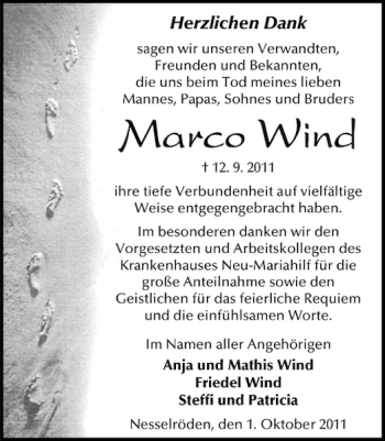 Traueranzeige von Marco Wind von Eichsfelder Tageblatt