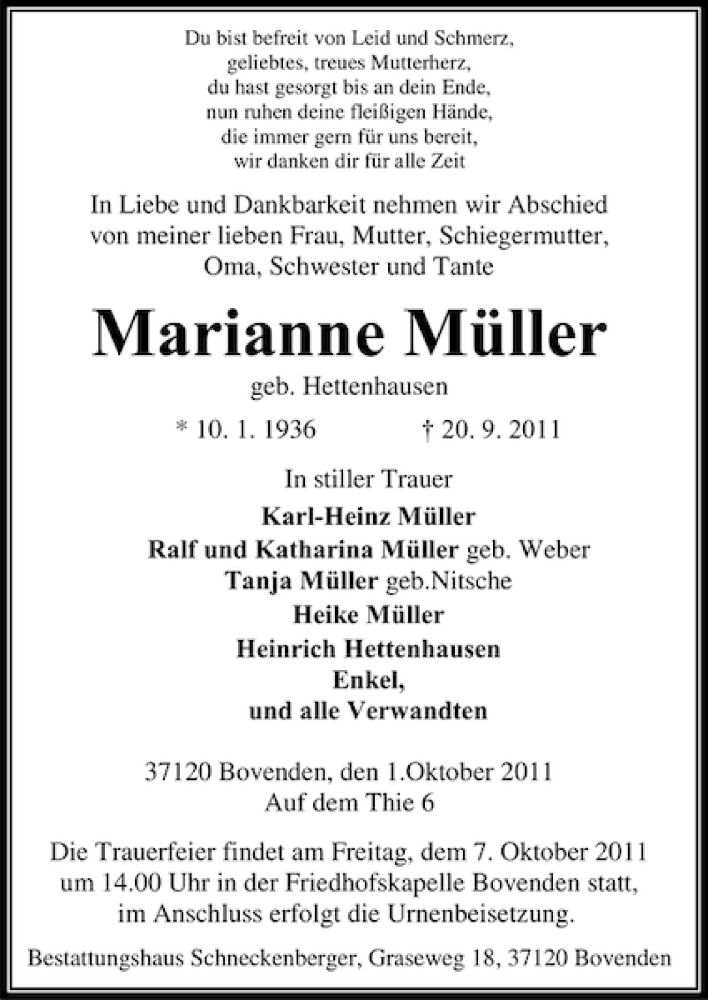  Traueranzeige für Marianne Müller vom 01.10.2011 aus Göttinger Tageblatt