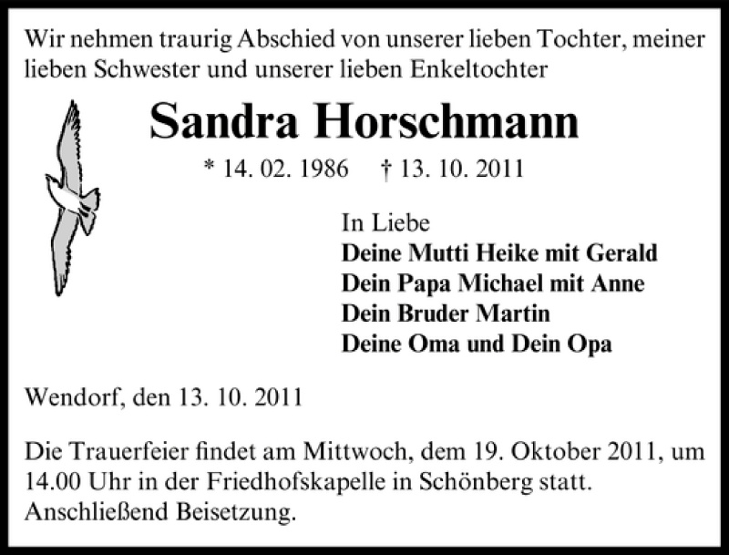  Traueranzeige für Sandra Horschmann vom 15.10.2011 aus Lübecker Nachrichten