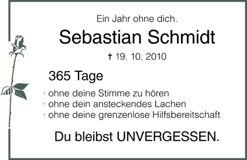  Traueranzeige für Sebastian Schmidt vom 19.10.2011 aus Ostsee-Zeitung