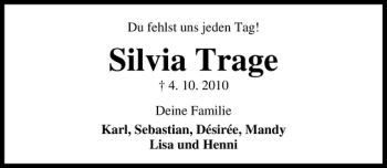 Traueranzeige von Silvia Trage von Lübecker Nachrichten