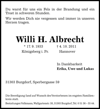 Traueranzeige von Willi H. Albrecht von HAZ/NP