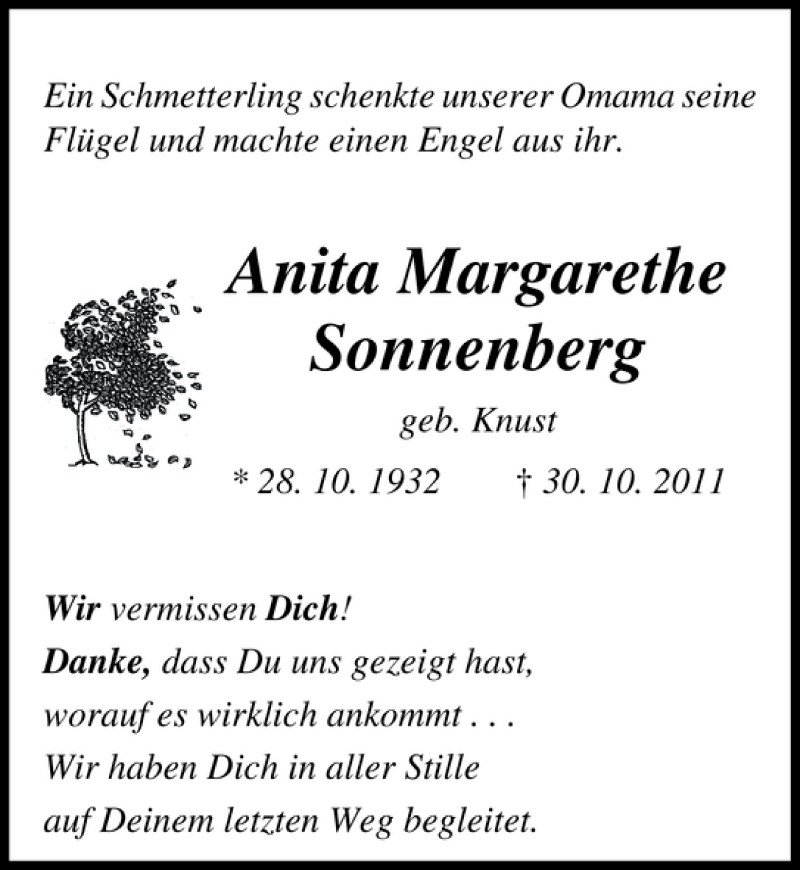 Traueranzeige für Anita Margarethe Sonnenberg vom 19.11.2011 aus Lübecker Nachrichten