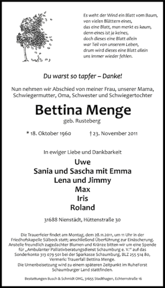  Traueranzeige für Bettina Menge vom 26.11.2011 aus Schaumburger Nachrichten
