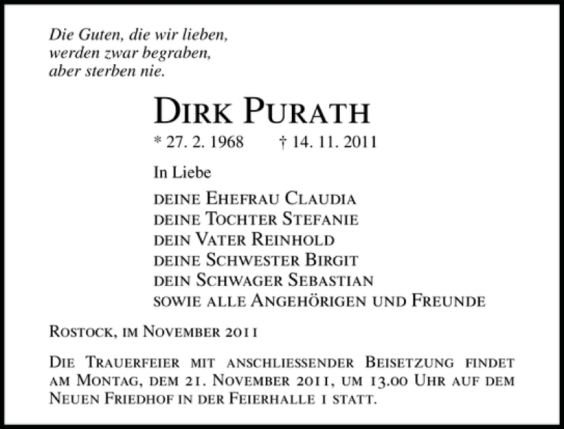  Traueranzeige für Dirk Purath vom 17.11.2011 aus Ostsee-Zeitung