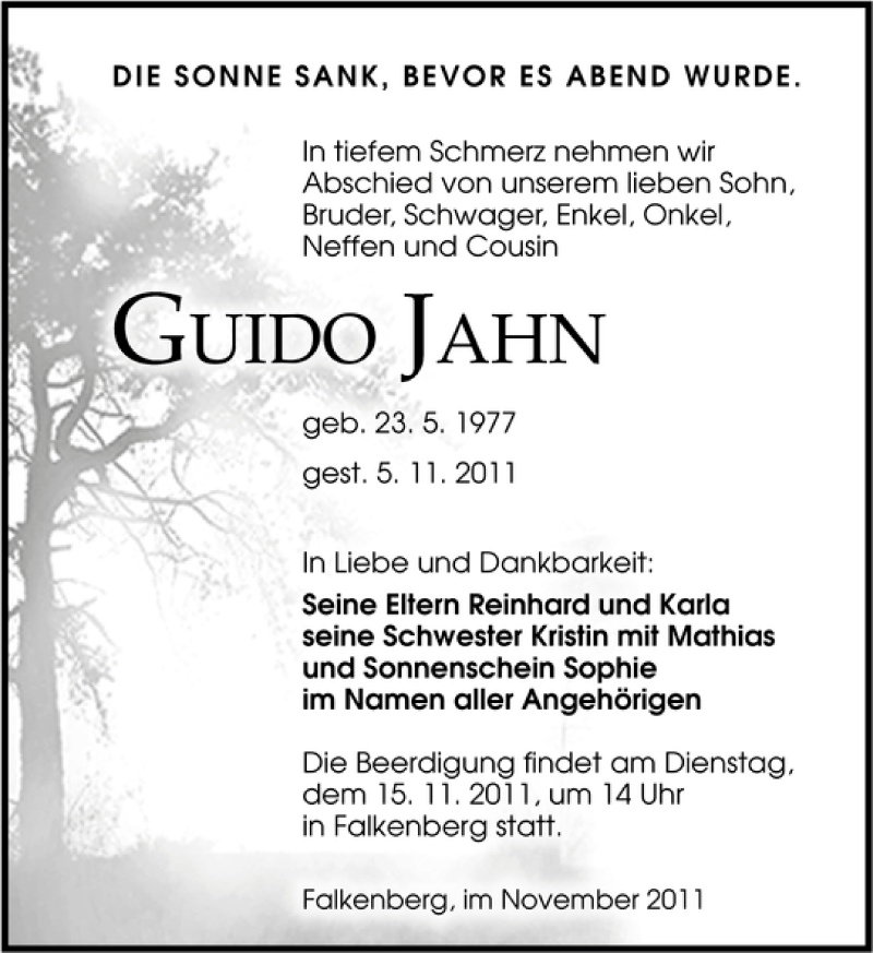  Traueranzeige für GUIDO JAHN vom 11.11.2011 aus Leipziger Volkszeitung