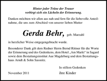 Traueranzeige von Gerda Behr von Ostsee-Zeitung