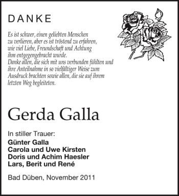 Traueranzeige von Gerda Galla von Leipziger Volkszeitung