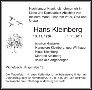 Traueranzeige von Hans Kleinberg von OP Marburg