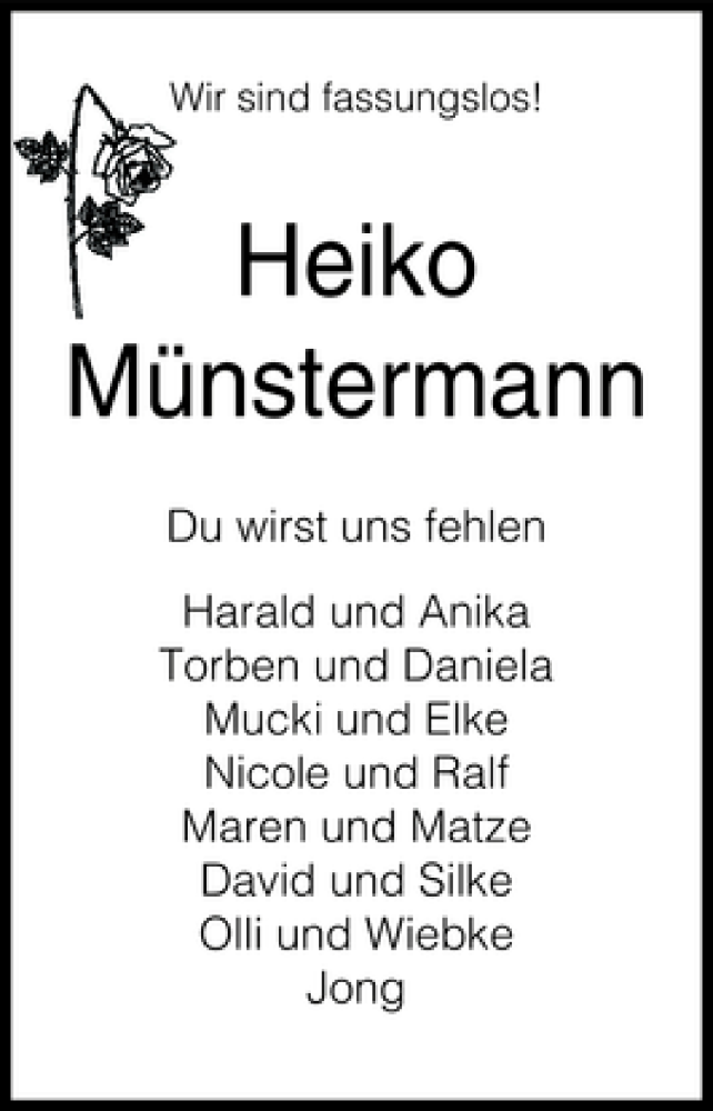  Traueranzeige für Heiko Münstermann vom 13.11.2011 aus Lübecker Nachrichten