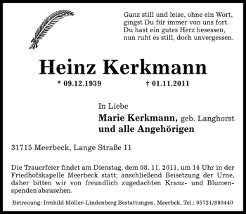 Traueranzeige von Heinz Kerkmann von Schaumburger Nachrichten