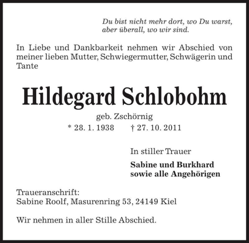  Traueranzeige für Hildegard Schlobohm vom 02.11.2011 aus Kieler Nachrichten / Segeberger Zeitung