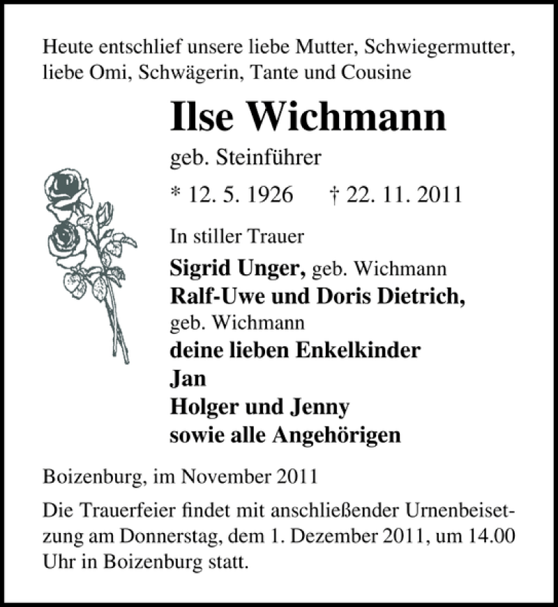  Traueranzeige für Ilse Wichmann vom 26.11.2011 aus Ostsee-Zeitung
