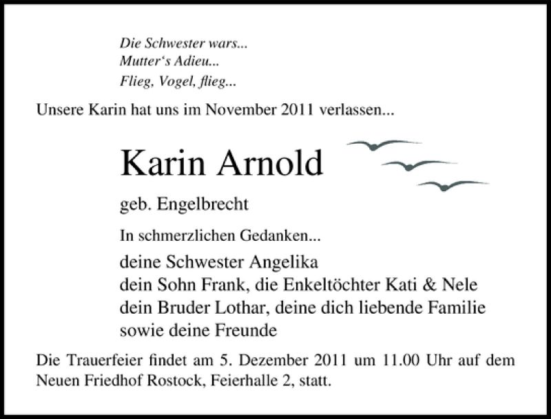  Traueranzeige für Karin Arnold vom 26.11.2011 aus Ostsee-Zeitung