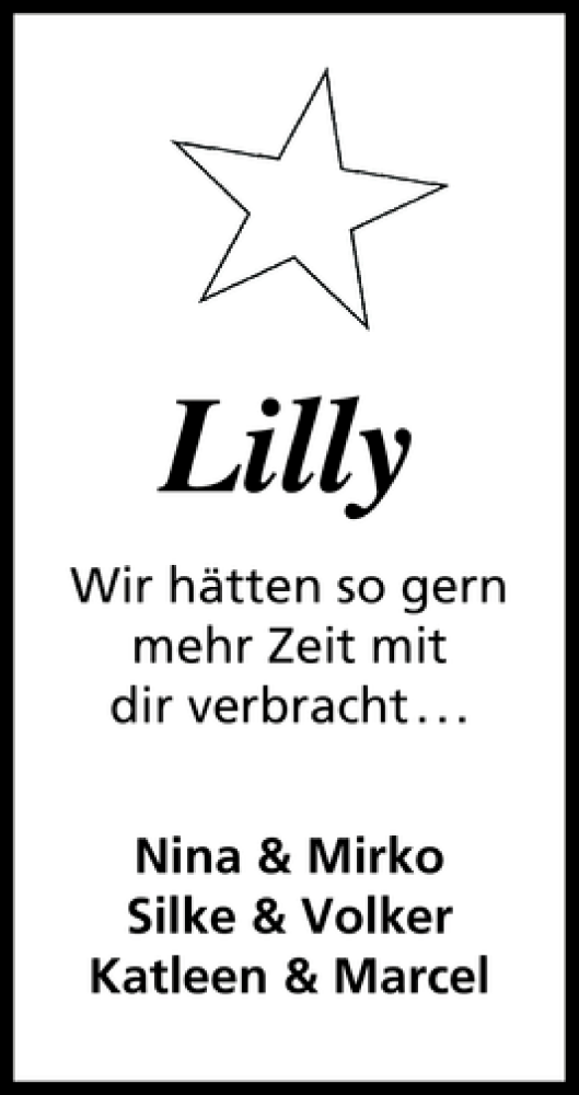  Traueranzeige für Lilly  vom 13.11.2011 aus Lübecker Nachrichten