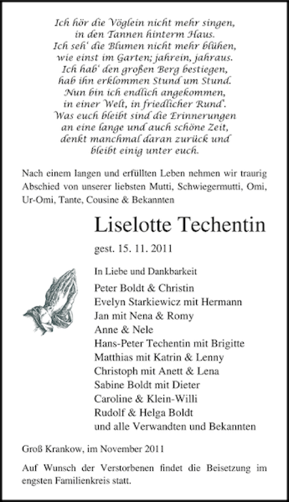  Traueranzeige für Liselotte Techentin vom 19.11.2011 aus Ostsee-Zeitung