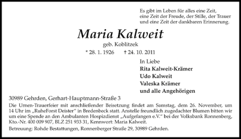  Traueranzeige für Maria Kalweit vom 19.11.2011 aus HAZ/NP