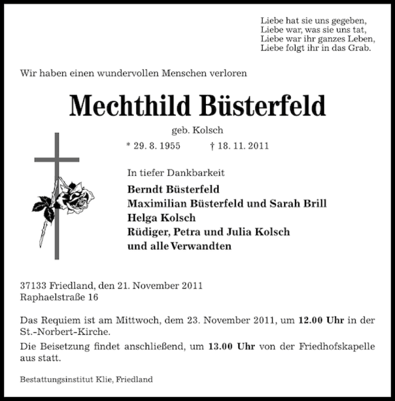  Traueranzeige für Mechthild Büsterfeld vom 21.11.2011 aus Göttinger Tageblatt