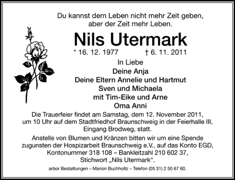  Traueranzeige für Nils Utermark vom 09.11.2011 aus HAZ/NP