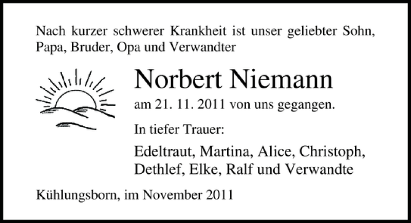  Traueranzeige für Norbert Niemann vom 30.11.2011 aus Ostsee-Zeitung