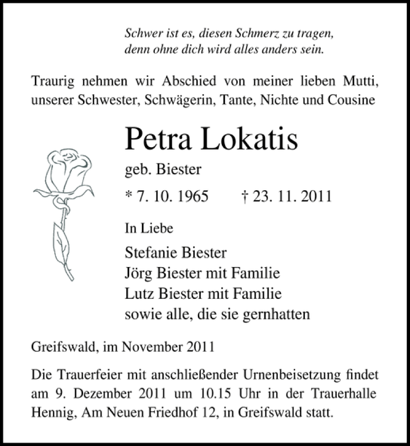  Traueranzeige für Petra Lokatis vom 26.11.2011 aus Ostsee-Zeitung
