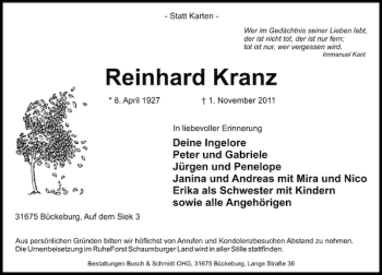 Traueranzeige von Reinhard Kranz von Schaumburger Nachrichten