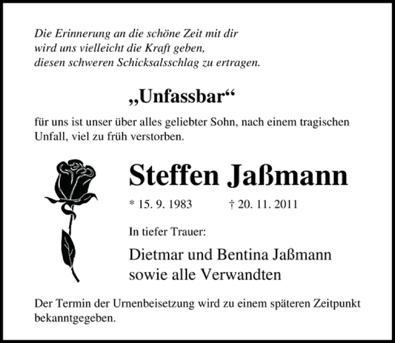  Traueranzeige für Steffen Jaßmann vom 24.11.2011 aus Ostsee-Zeitung