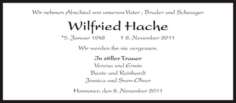  Traueranzeige für Wilfried Hache vom 12.11.2011 aus HAZ/NP