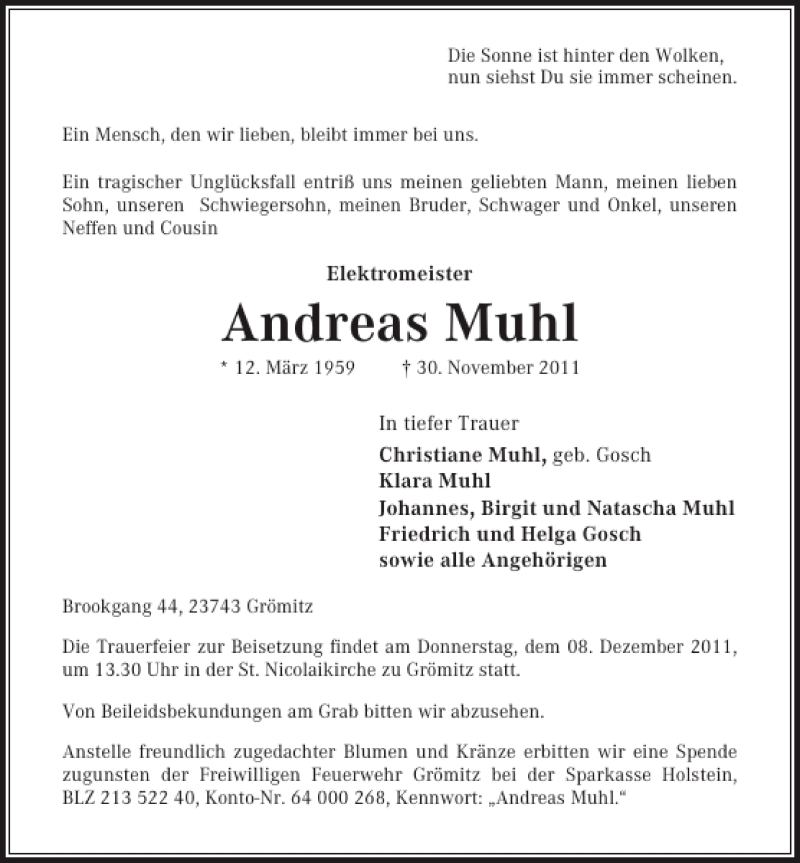  Traueranzeige für Andreas Muhl vom 03.12.2011 aus Lübecker Nachrichten