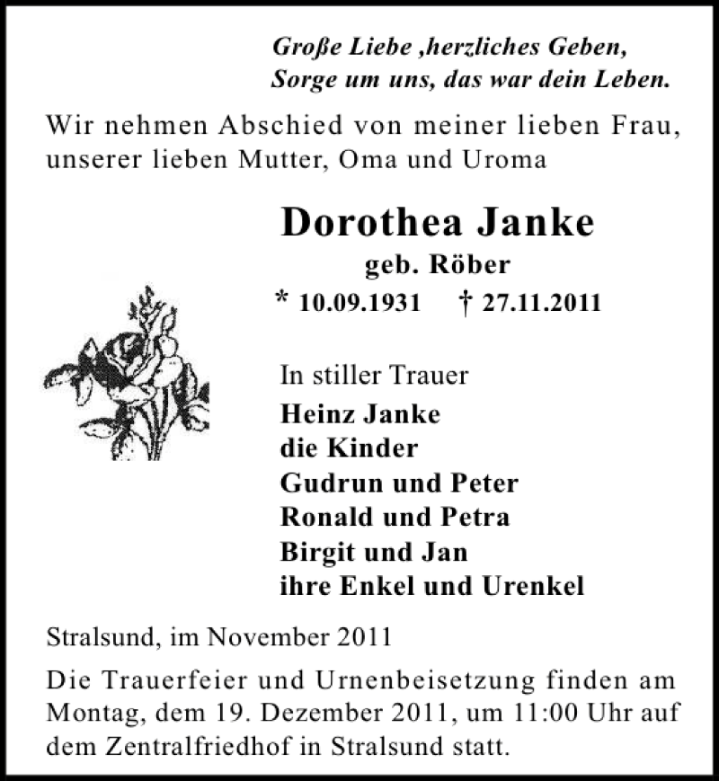  Traueranzeige für Dorothea Janke vom 03.12.2011 aus Ostsee-Zeitung
