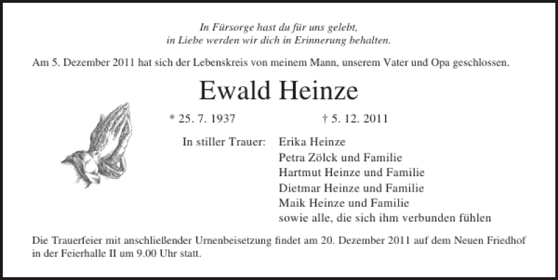  Traueranzeige für Ewald Heinze vom 10.12.2011 aus Ostsee-Zeitung