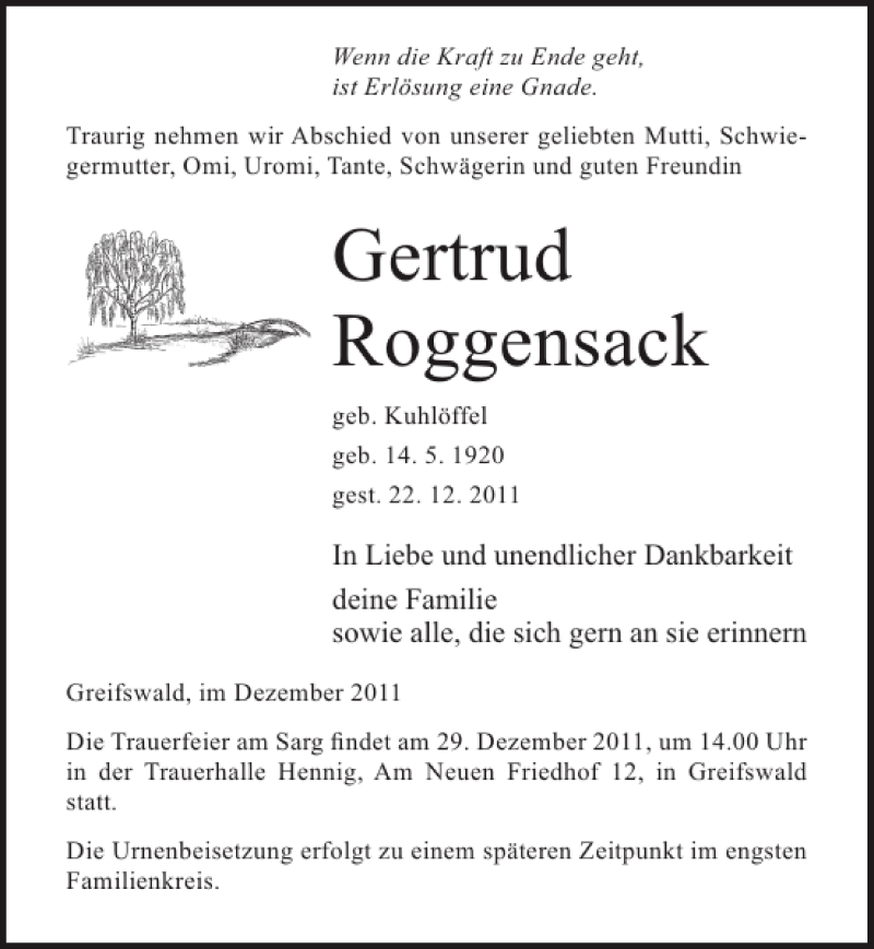  Traueranzeige für Gertrud Roggensack vom 24.12.2011 aus Ostsee-Zeitung