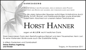 Traueranzeige von HORST HANNER von Leipziger Volkszeitung
