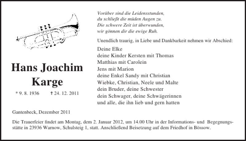 Traueranzeige für Hans Joachim Karge vom 28.12.2011 aus Ostsee-Zeitung