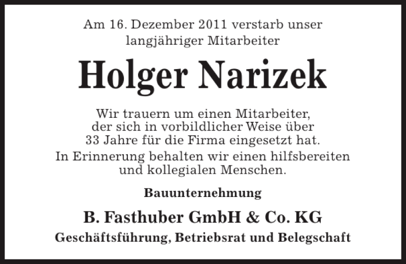  Traueranzeige für Holger Narizek vom 21.12.2011 aus Kieler Nachrichten / Segeberger Zeitung