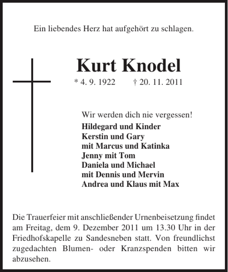  Traueranzeige für Kurt Knodel vom 03.12.2011 aus Lübecker Nachrichten