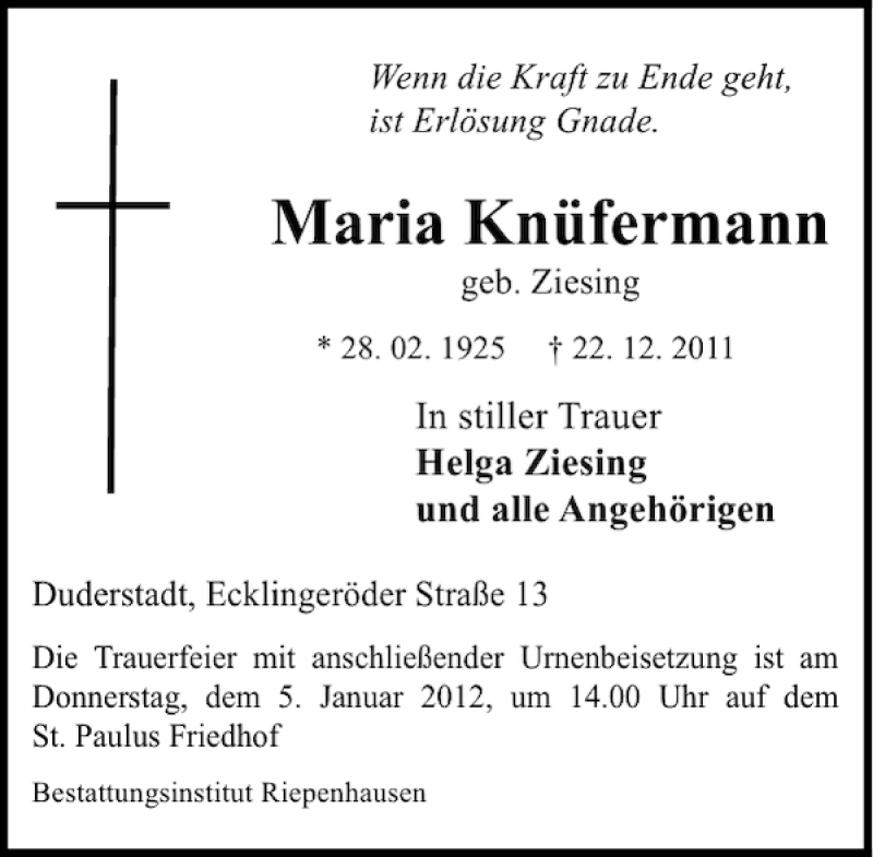  Traueranzeige für Maria Knüfermann vom 31.12.2011 aus Eichsfelder Tageblatt