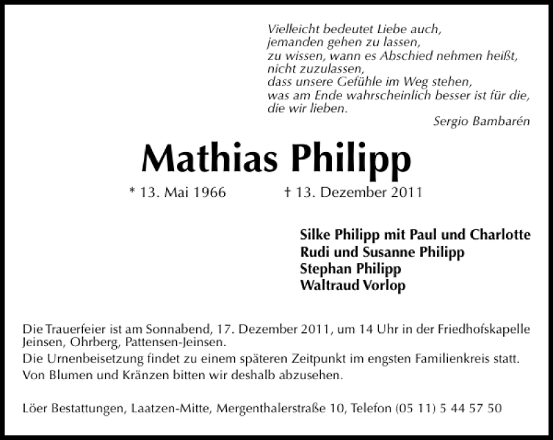  Traueranzeige für Mathias Philipp vom 15.12.2011 aus HAZ/NP