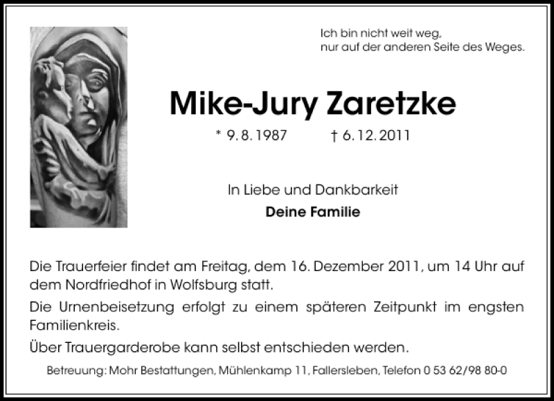  Traueranzeige für Mike-Jury Zaretzke vom 13.12.2011 aus Aller Zeitung / Wolfsburger Allgemeine
