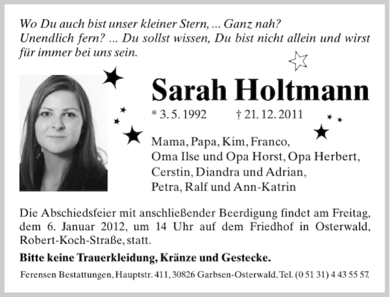  Traueranzeige für Sarah Holtmann vom 31.12.2011 aus HAZ/NP