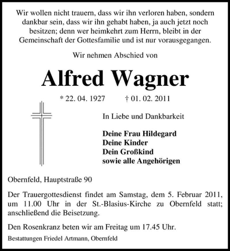  Traueranzeige für Alfred Wagner vom 04.02.2011 aus Eichsfelder Tageblatt