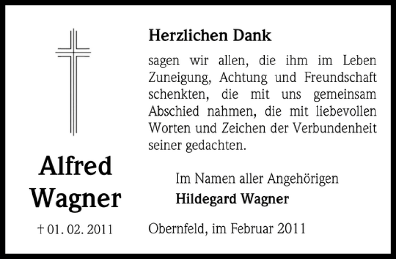  Traueranzeige für Alfred Wagner vom 18.02.2011 aus Eichsfelder Tageblatt