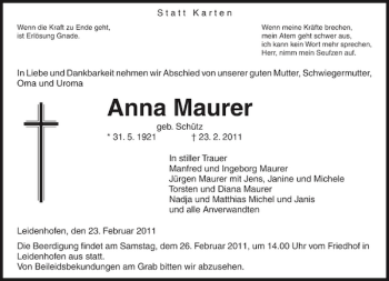 Traueranzeige von Anna Maurer von OP Marburg